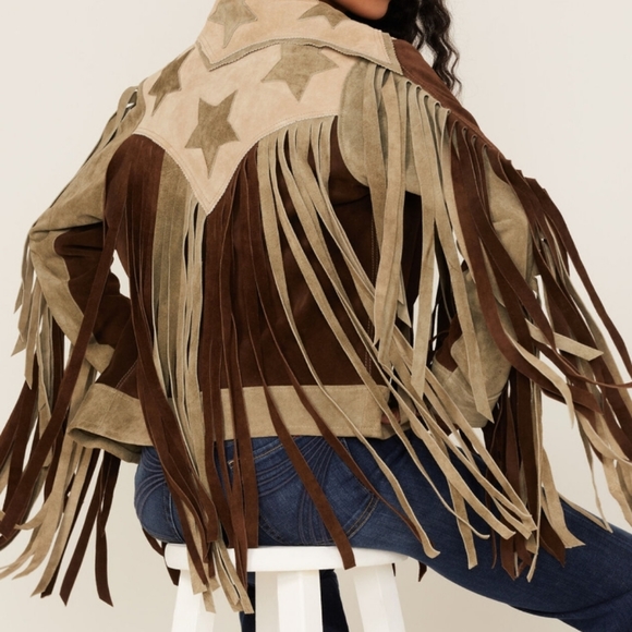 Vintage style leather fringe stars flag usa Americana jacket coat L free people - Picture 2 of 6